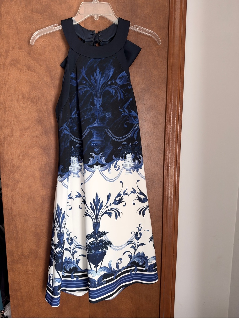 Ted Baker Navy and White Scroll-Print Halter Gown